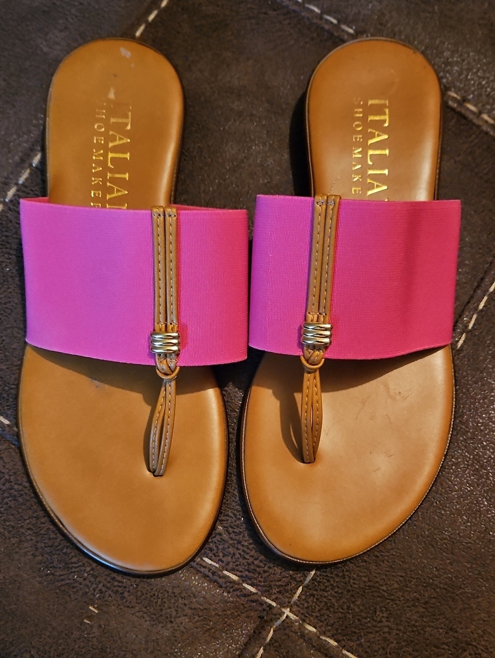 Italian Shoemakers Hot Pink Slide Sandals with Tan Footbed 7 1/2